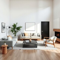 Modern interior design with light empty mock-up wall and gray furniture,  minimalistic interior design living room.