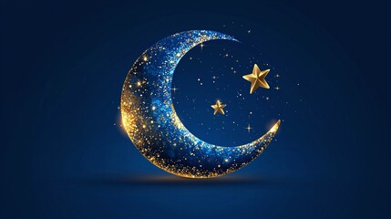 Modern vector design featuring crescent moon and star with a sparkling gold finish against a deep blue background