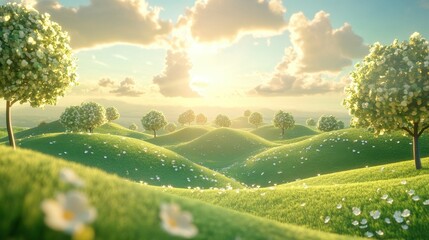 illustration of Summer fields landscape with a dawn,Rainbow, green grass hills, bright color blue sky, country background,banner resting vacation.