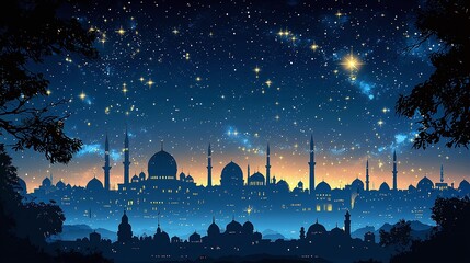 Silhouette of an Islamic cityscape under a starlit night sky at dusk