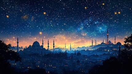 Silhouette of an Islamic cityscape illuminated by a starlit night sky with glowing horizons