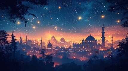 Silhouette of an Islamic cityscape during twilight with twinkling stars and glowing lights