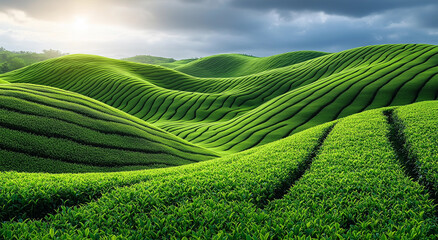 Serene Green Tea Plantation Scenic Hills and Nature Landscape