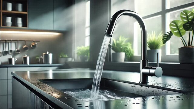 Kitchen sink with stainless steel faucet pouring a steady stream of water, creating dynamic splashing effects.
