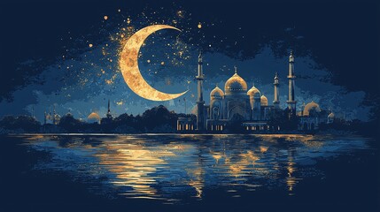 Crescent moon illuminates serene night over an ornate mosque by tranquil waters