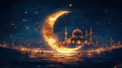 Golden crescent moon shines brightly over serene water with a majestic palace at night