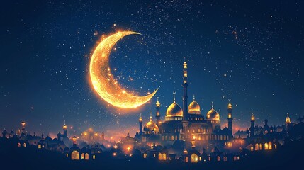 Golden crescent moon illuminates serene city skyline at night with glistening stars