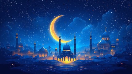 Golden crescent moon shines over an enchanting cityscape at night with vibrant towers