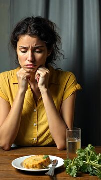 Woman with an eating disorder sitting alone at the table