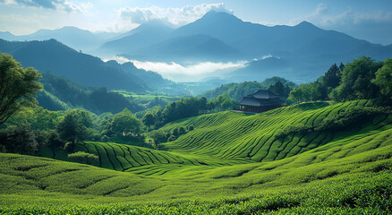 Fototapeta premium Serene Green Tea Plantation Scenic Hills and Nature Landscape