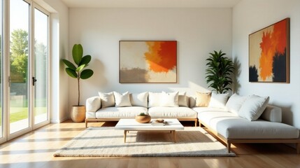 Modern minimalist living room interior design with natural light, featuring a sectional sofa, coffee table, potted plants, and abstract artwork.