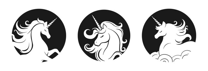 Unicorn silhouette in a circle stamp set. Fantasy magical mystic horse tattoo icon clipart set. Product design t shirt sticker print.