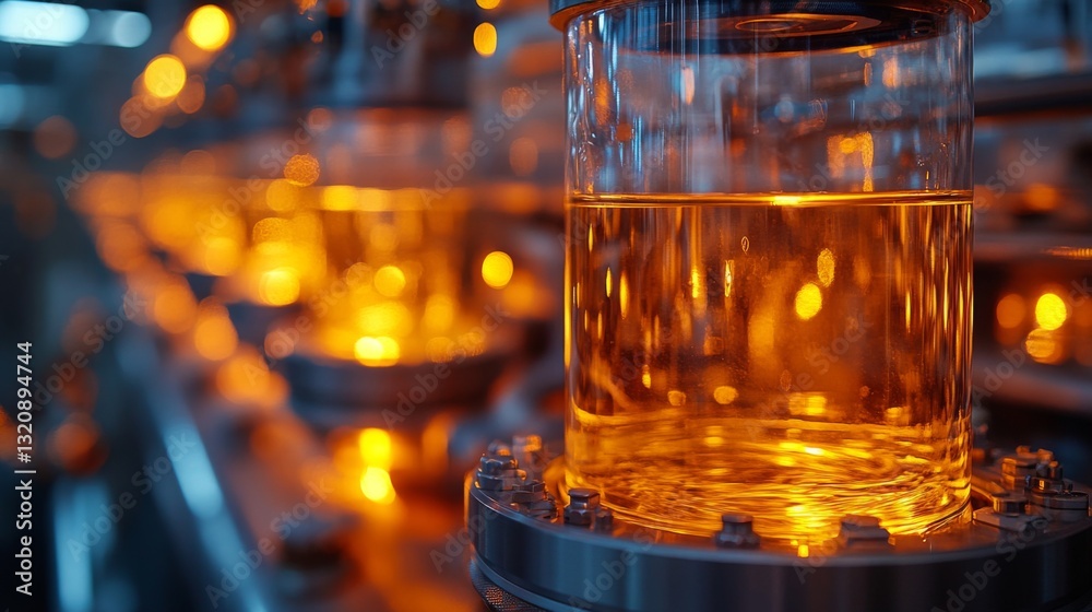 Poster bright orange liquid fills glass containers within a sophisticated refinery. advanced automation and