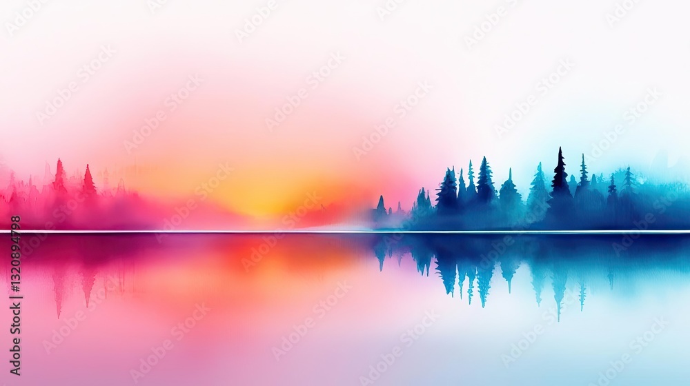 Aufkleber digital watercolor painting abstract background idea. a vibrant sunset over a calm lake with colorfu