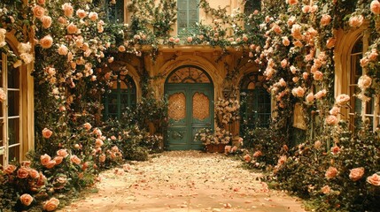 Fototapeta premium Enchanted Rose Garden Courtyard: A Serene Escape