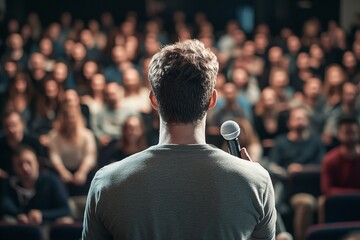 Fototapeta premium man in audience holding a mic mouth open to ask a question