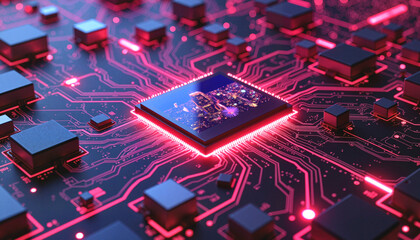Digital circuit board with microchip glowing in neon colors