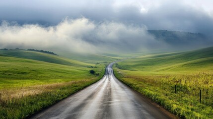 Fototapeta premium Serene Journey Through Misty Rolling Hills