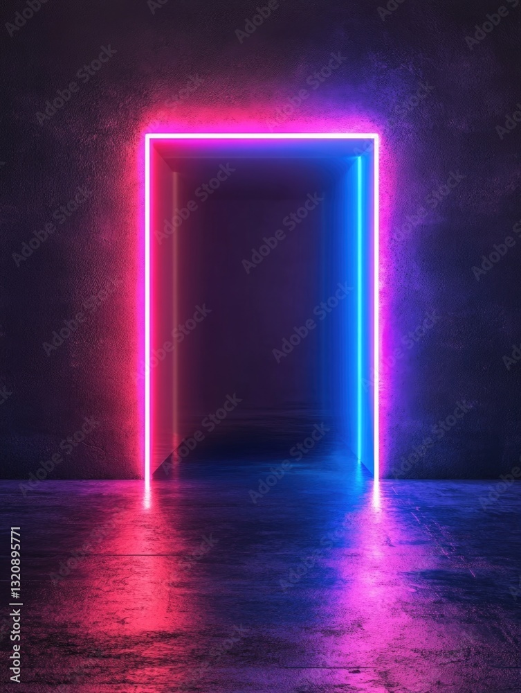 Poster a dimly lit room with a bright neon frame in the center, suitable for use in marketing or design con