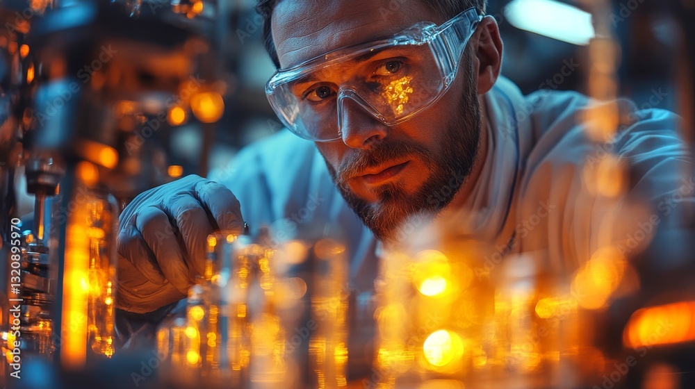 Poster a skilled technician closely examines complex machinery in a chemical processing plant. bright amber