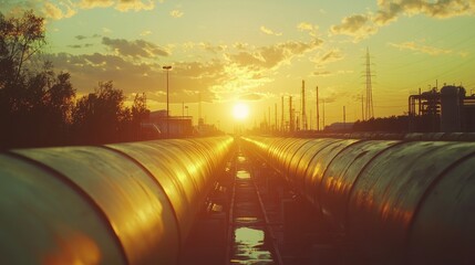 Industrial pipelines reflecting golden light at sunset with clouds and horizon in a serene landscape