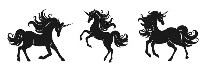Unicorn silhouette different poses set. Fantasy magical mystic horse tattoo icon clipart set. Product design t shirt print.