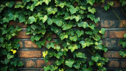 Obraz premium Green ivy leaves growing and covering a weathered brick wall