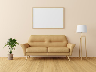 Frame mockup in home interior, ISO A paper size., cozy room with natural wooden furniture, Scandi-Boho style. 3D render	
