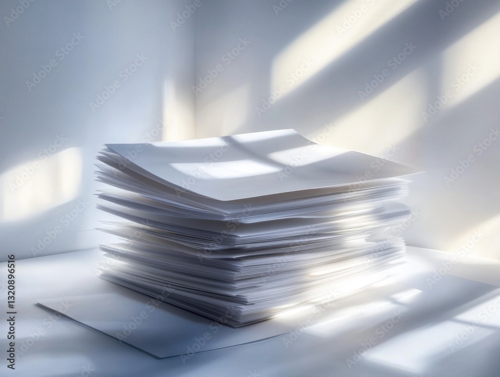 Poster stack of papers on a wooden table