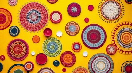 Fototapeta premium Colored decorative circles on a bright yellow surface in a bright artistic design, background, copy space