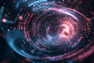 Obraz premium 3D depiction of abstract technology with binary swirls in a dynamic, unpredictable space.