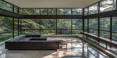 Fototapeta premium Modern living room with floor-to-ceiling windows overlooking a lush green forest.