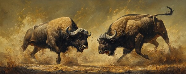 Two large buffalos are charging aggressively in a field scene