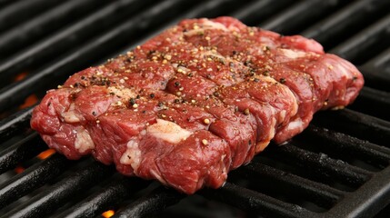Fresh Raw Beef Steak with Seasoning on a Hot Grill for Delicious Cooking and Culinary Preparation