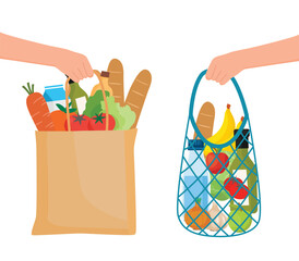 Hand holding grocery shopping paper bag with foods and drinks products delivery service