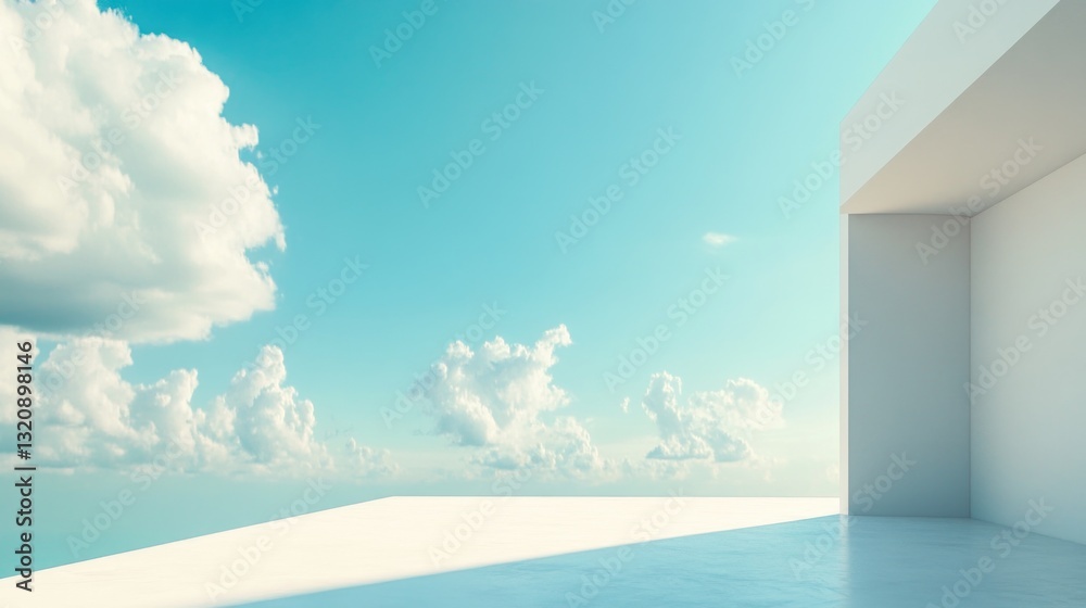 Poster coastal interior scene showing a minimalist room with large windows overlooking the ocean