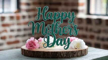 Happy Mother's Day Cake Topper on Wooden Slice with Flowers