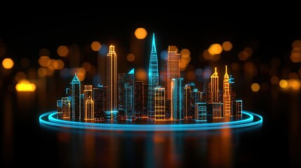 Futuristic Cityscape at Night Neon Lights Glowing Buildings Digital Art