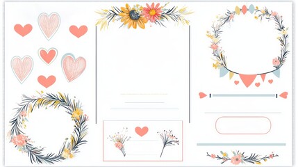 Set of wedding cards with pastel color floral designs and decorative elements, flat vector illustration. Hand drawn floral borders for invitation card design template.