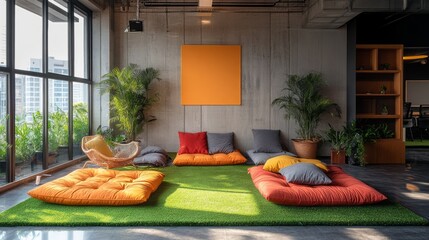 A bright lounge area features colorful cushions arranged on artificial grass, bathed in natural light. Lush indoor plants enhance the atmosphere, inviting creativity and relaxation