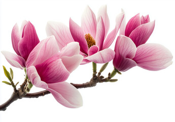 흰색 배경에 분리된 아름다운 분홍색 목련 꽃을 클로즈업으로 촬영한 모습입니다.
Beautiful pink magnolia flowers isolated on a white background, close-up.