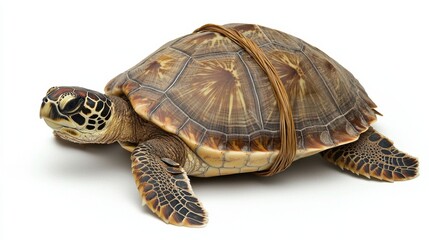 Obraz premium Brown Sea Turtle Bound with Rope on White Background