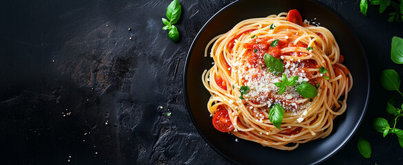 어두운 배경 위에 토마토 소스와 파마산 치즈를 곁들인 스파게티 사진, 위에서 본 모습. 파스타가 담긴 검은색 접시. 맛있는 음식 컨셉. Photo of spaghetti with tomato sauce and Parmesan on a dark background, top view. Black plate with pasta. Delicious food con