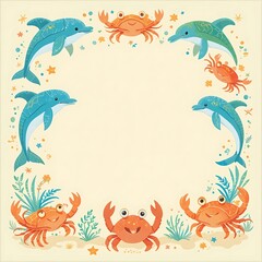 Obraz premium Cartoon Dolphins and Crabs Frame with Copy Space for Kids Design