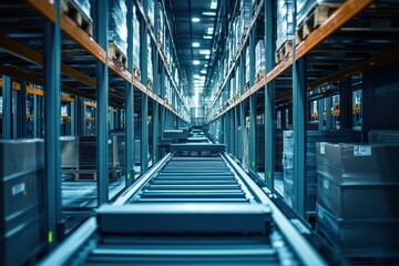 Fototapeta premium Futuristic high-tech warehouse featuring advanced automated systems for efficient inventory management.