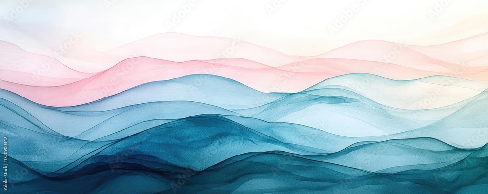Poster Digital watercolor painting abstract background idea. Abstract waves in soft colors evoke calm and serenity in a minimalistic style.