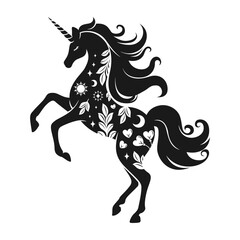 Unicorn silhouette with graphic elements. Fantasy magical mystic horse tattoo icon clipart set. Product design, merchandise, sticker, t shirt print.