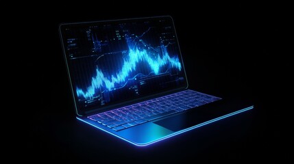 A 3D-rendered illustration of a futuristic laptop displaying a rising candlestick chart and an upward arrow, symbolizing online trading, financial growth, stock market analysis, and digital investment