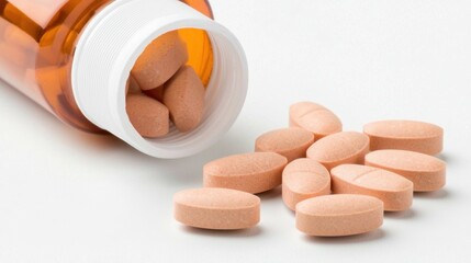 Light Brown Oval Pills Spilling from Amber Bottle onto White Surface
