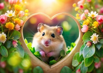 Cute Hamster in Heart-Shaped Flower Garden Double Exposure Stock Photo